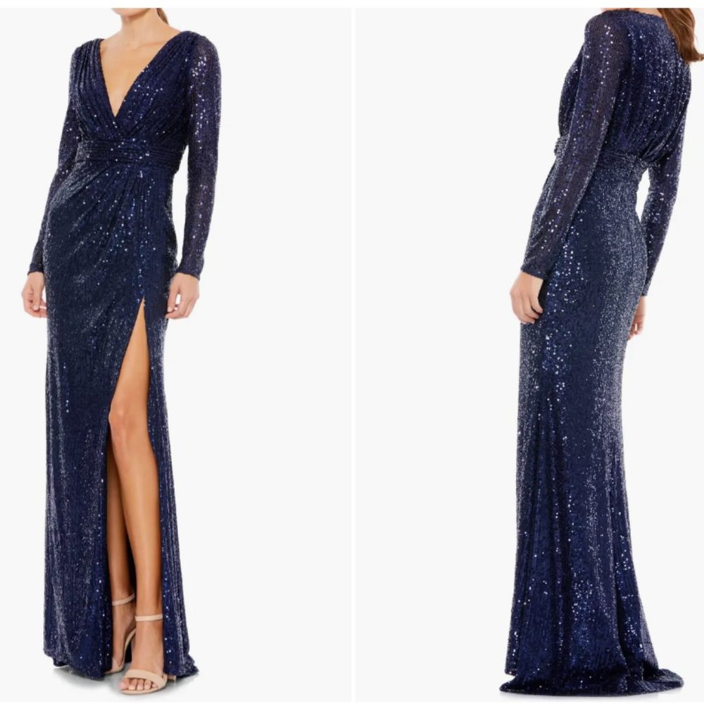MAC DUGGAL SEQUIN LONG SLEEVE FAUX WRAP MIDNIGHT NAVY GOWN sz 12